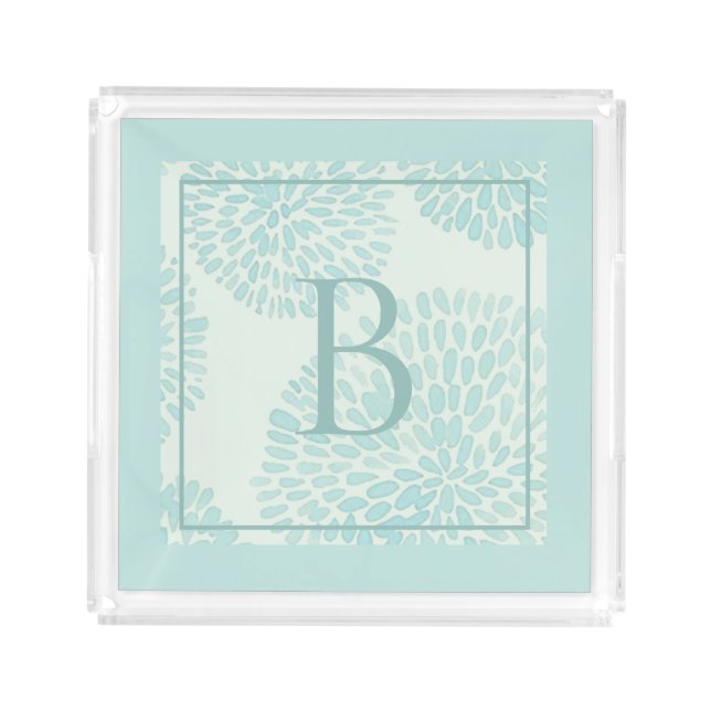 Elegant Pastel Blue Floral Pattern Monogram Acrylic Tray (Front)
