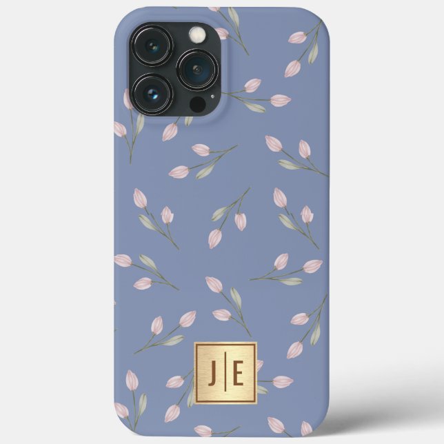 Elegant Pastel Blue Floral Shiny Gold Monogram Case-Mate iPhone Case (Back)