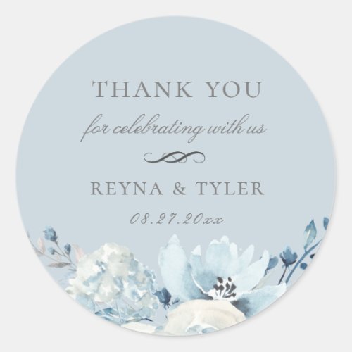 Elegant Pastel Blue Floral Wedding Favor Classic Round Sticker