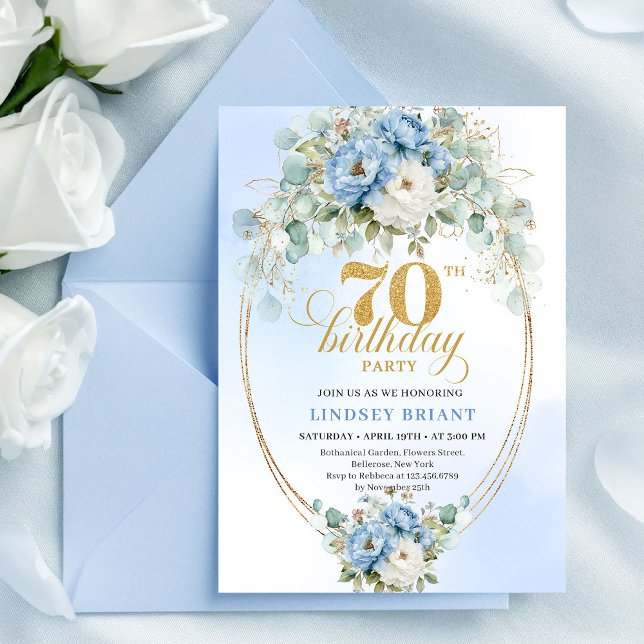 Elegant Pastel Blue Flowers 70th Birthday Invites (Elegant Pastel Blue Flowers 70th Birthday Invitation)