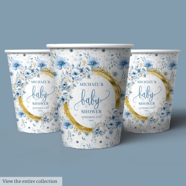 Elegant pastel blue flowers gold boy baby shower  paper cups (Elegant pastel blue flowers gold boy baby shower Paper Cups)