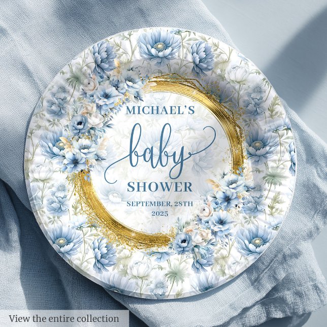 Elegant pastel blue flowers gold boy baby shower  paper plates (Elegant pastel blue flowers gold boy baby shower Paper Plates)