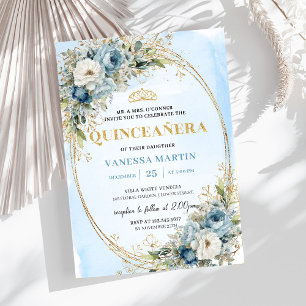 Elegant Pastel Blue Gold Eucalyptus Quinceañera Invitation
