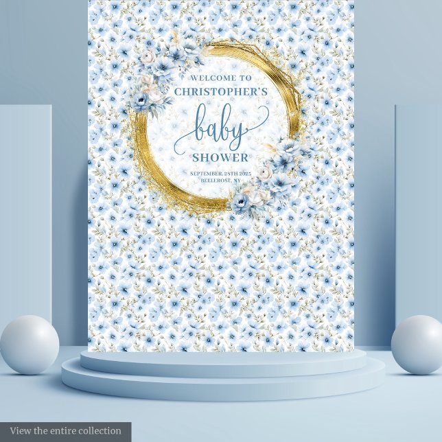 Elegant Pastel Blue Gold Floral Baby Shower Banner Tapestry (Elegant Pastel Blue Gold Floral Baby Shower Banner Tapestry )