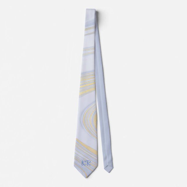 Elegant Pastel Blue Gold Marble Pattern Initials Neck Tie (Front)