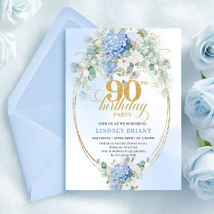 Elegant Pastel Blue Hydrangea 90th Birthday Invite