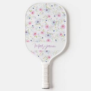 Elegant Pastel Blue Pink Flowers Personalized Pickleball Paddle