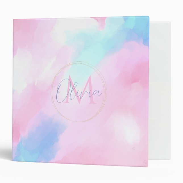 Elegant Pastel Blue Pink Watercolor Painting 3 Ring Binder (Front/Inside)