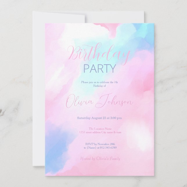 Elegant Pastel Blue Pink Watercolor Painting Invitation (Front)