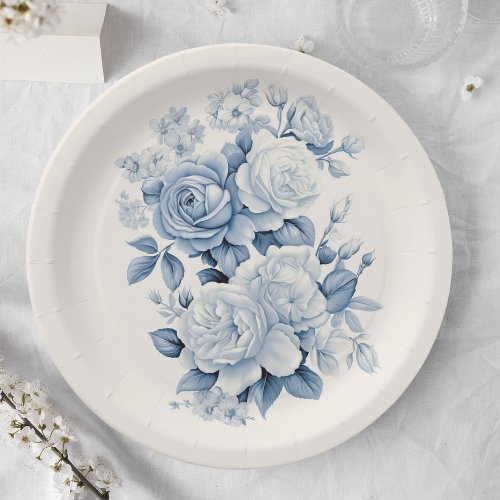 Elegant Pastel Blue Watercolor Roses Paper Plates