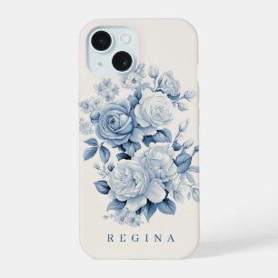 Elegant Pastel Blue Watercolor Roses Personalized iPhone 15 Case