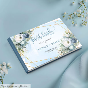 Elegant Pastel Blue White Gold Floral Guest Book