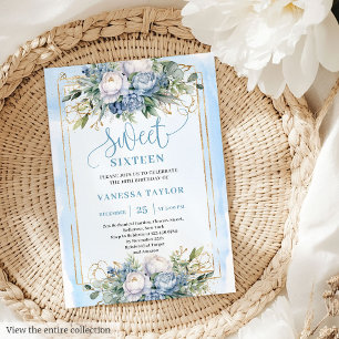 Elegant Pastel Blue White Gold Floral Sweet 16 Invitation