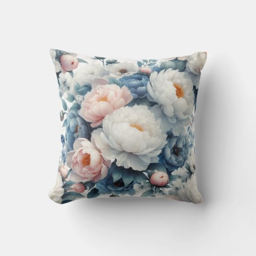 Elegant pastel blue white peonies flowers throw pillow