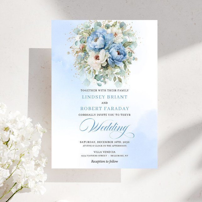 Elegant Pastel Blue White Peony Gold Wedding Invit Invitation (Elegant Pastel Blue White Peony Gold Wedding Invitation)