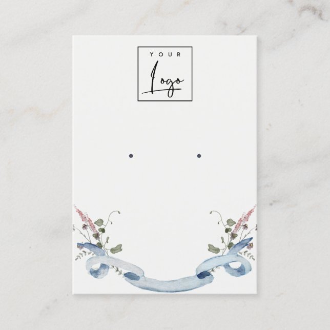Elegant Pastel Blue Wildflower Ribbon Logo Earring Business Card (Front)