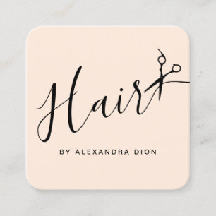 Elegant pastel blush & black scissors hairstylist square business card