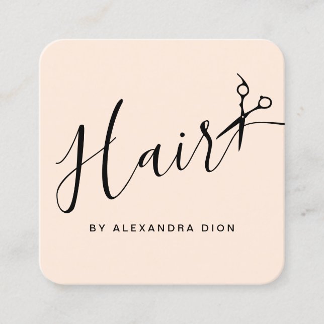 Elegant pastel blush & black scissors hairstylist square business card (Front)