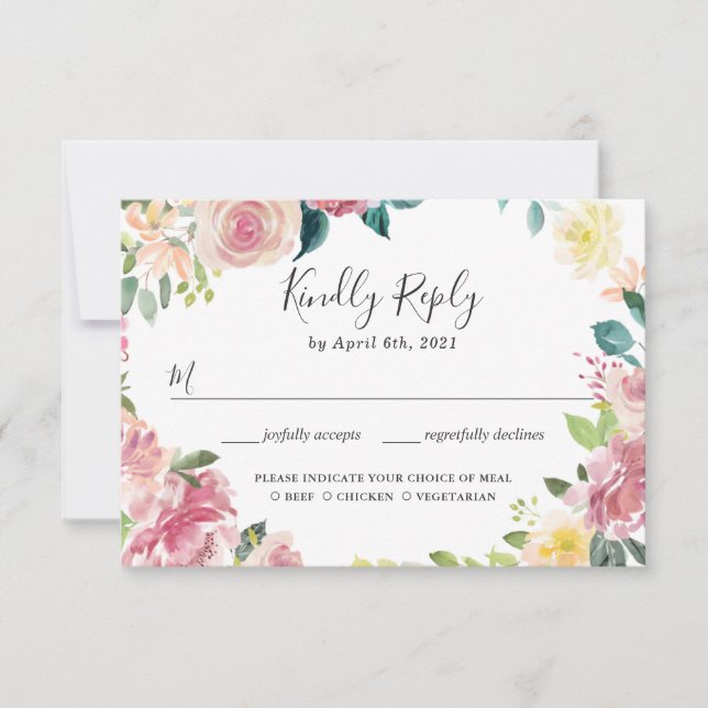 Elegant Pastel Blush Garden Floral Wedding RSVP Card (Front)