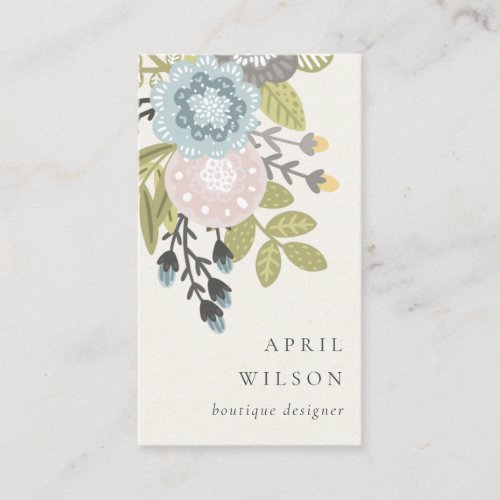 Elegant Pastel Boho Blush Blue Green Leafy Floral Business Card