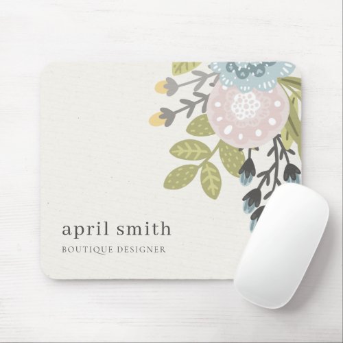 Elegant Pastel Boho Blush Blue Green Leafy Floral Mouse Pad