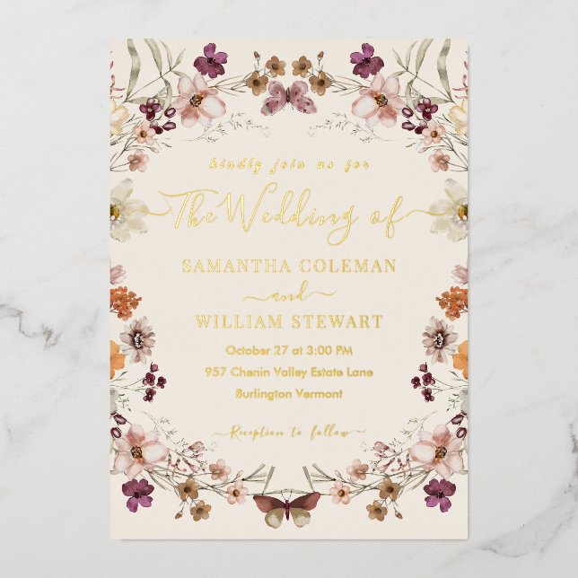 Elegant Pastel Boho Wildflower Modern Wedding Foil Invitation (Front)