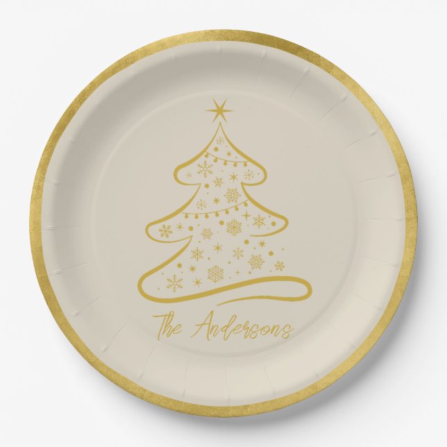 Elegant Pastel Bone Beige Gold Christmas Tree Paper Plates (Front)