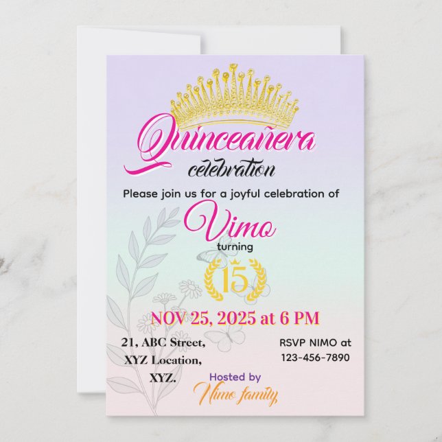 Elegant Pastel Botanical Quinceañera Invitation  (Front)
