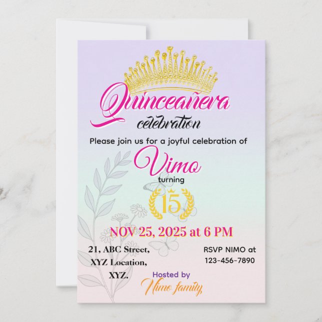 Elegant Pastel Botanical Quinceañera Invitation  (Front)