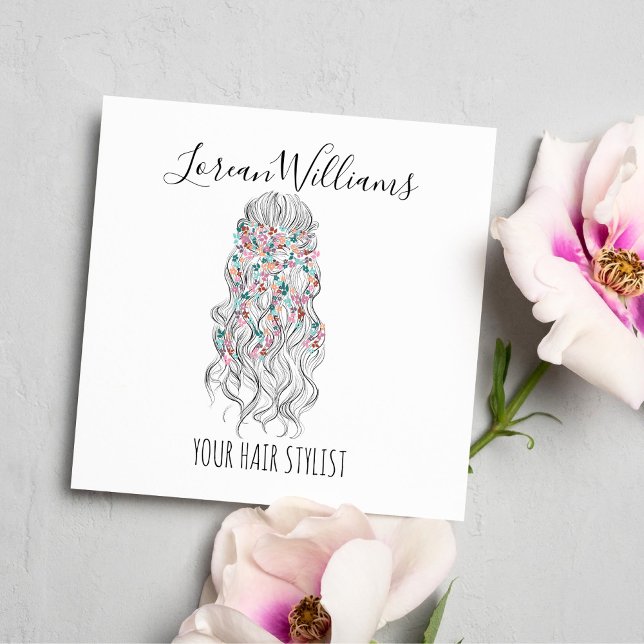 Elegant Pastel Bride Wavy Hair Styling Floral  Square Business Card (Creator Uploaded)