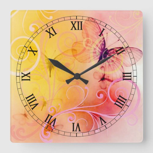 Elegant Pastel Butterflies and Swirls Square Wall Clock