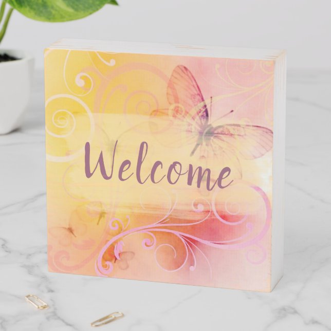 Elegant Pastel Butterflies and Swirls Welcome Wooden Box Sign (In Situ Horizontal)