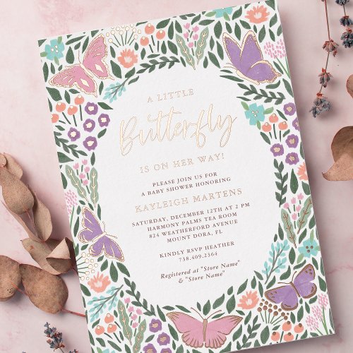 Elegant Pastel Butterfly Garden Baby Shower Foil Invitation