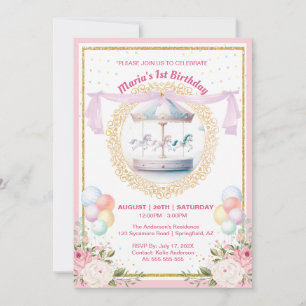 Elegant Pastel Carousel First Birthday Invitation