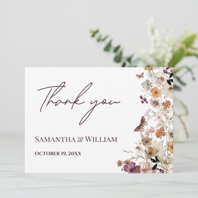 Elegant Pastel Chic Boho Wildflower Theme Wedding Thank You Card (Standing Front)