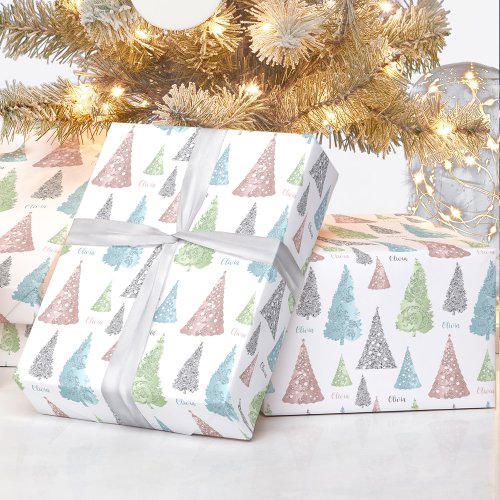 Elegant Pastel Christmas Tree Name Wrapping Paper