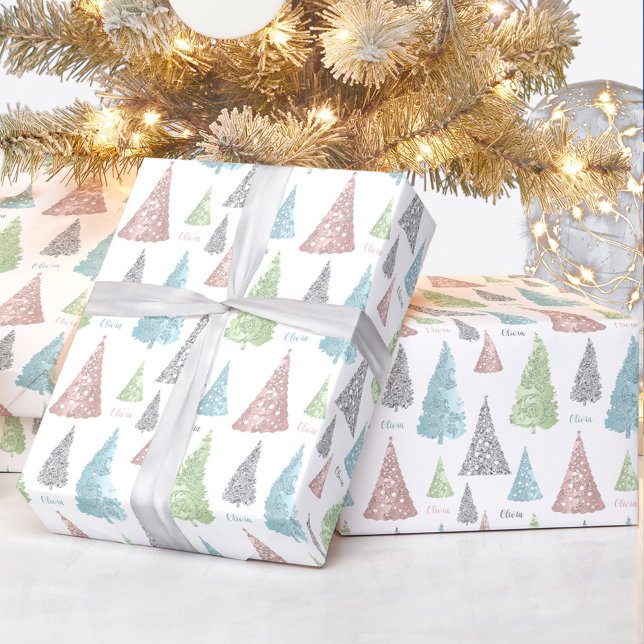 Elegant Pastel Christmas Tree Name Wrapping Paper (Elegant Pastel Christmas Tree Name Wrapping Paper)