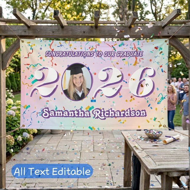 Elegant Pastel Class of 2026 Confetti Name Photo Banner (Creator Uploaded)