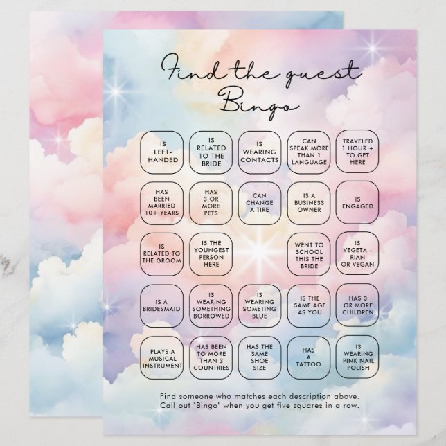 Elegant Pastel Clouds Find The Guest Bingo  (Front/Back)