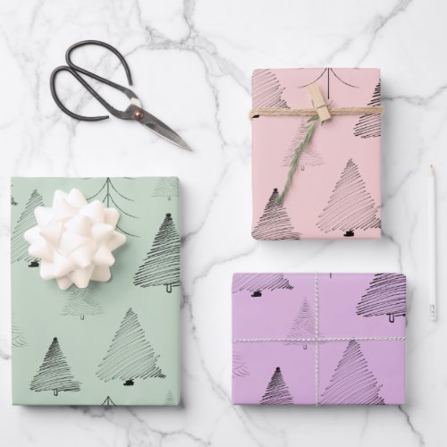 Elegant Pastel Colors Hand Drawn Christmas Trees Wrapping Paper Sheets
