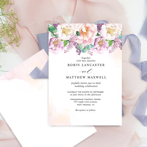 Elegant Pastel Cream and Purple Floral Wedding Inv Invitation