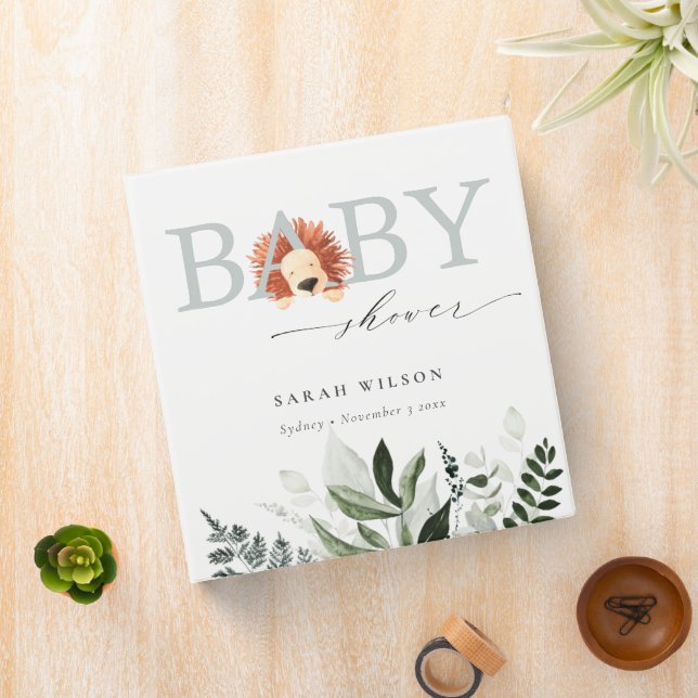 Elegant Pastel Cute Boho Lion Foliage Baby Shower 3 Ring Binder (In Situ)