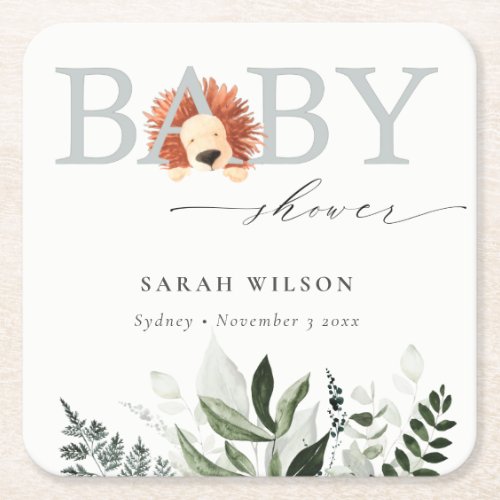 Elegant Pastel Cute Boho Lion Foliage Baby Shower Square Paper Coaster