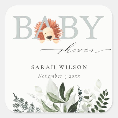 Elegant Pastel Cute Boho Lion Foliage Baby Shower Square Sticker