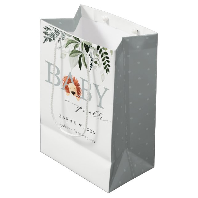 Elegant Pastel Cute Lion Foliage Baby Sprinkle Medium Gift Bag (Front Angled)