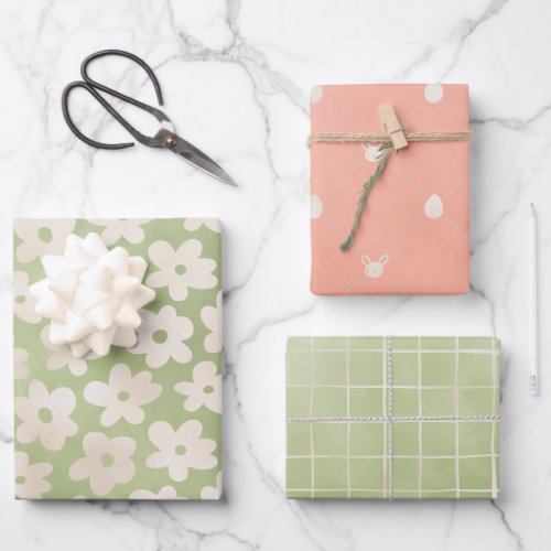 Elegant Pastel Daisy Flower Bunny Spring Easter Wrapping Paper Sheets