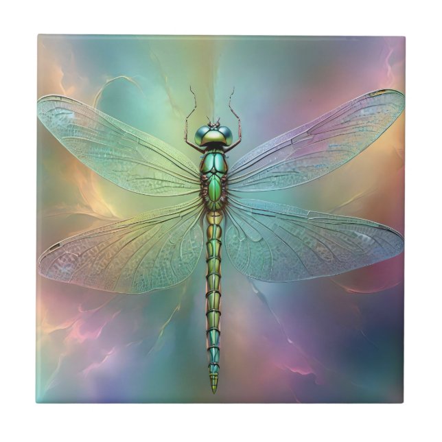 Elegant Pastel Dragonfly Fractal Art, Ceramic Tile (Front)