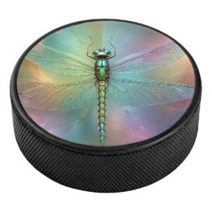 Elegant Pastel Dragonfly Fractal Art, Hockey Puck