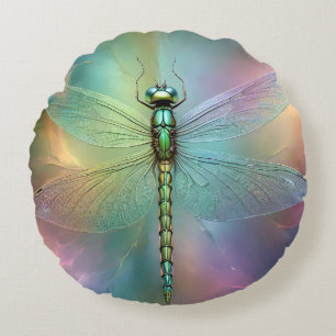 Elegant Pastel Dragonfly Fractal Art, Round Pillow