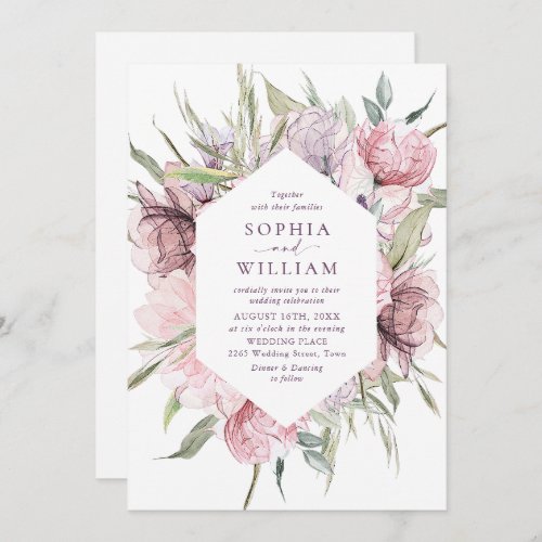 Elegant Pastel Dusty Pink Boho Flowers Wedding Invitation